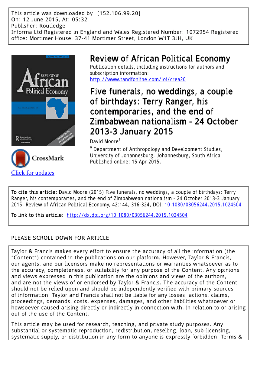 Pdf Five Funerals No Weddings A Couple Of Birthdays Terry Ranger His Contemporaries And The End Of Zimbabwean Nationalism 24 October 13 3 January 15