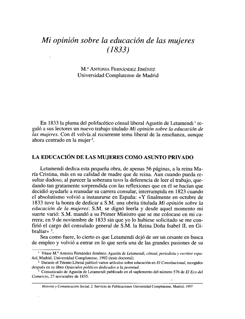 Pdf Mi Opinión Sobre La Educación De Las Mujeres 1833