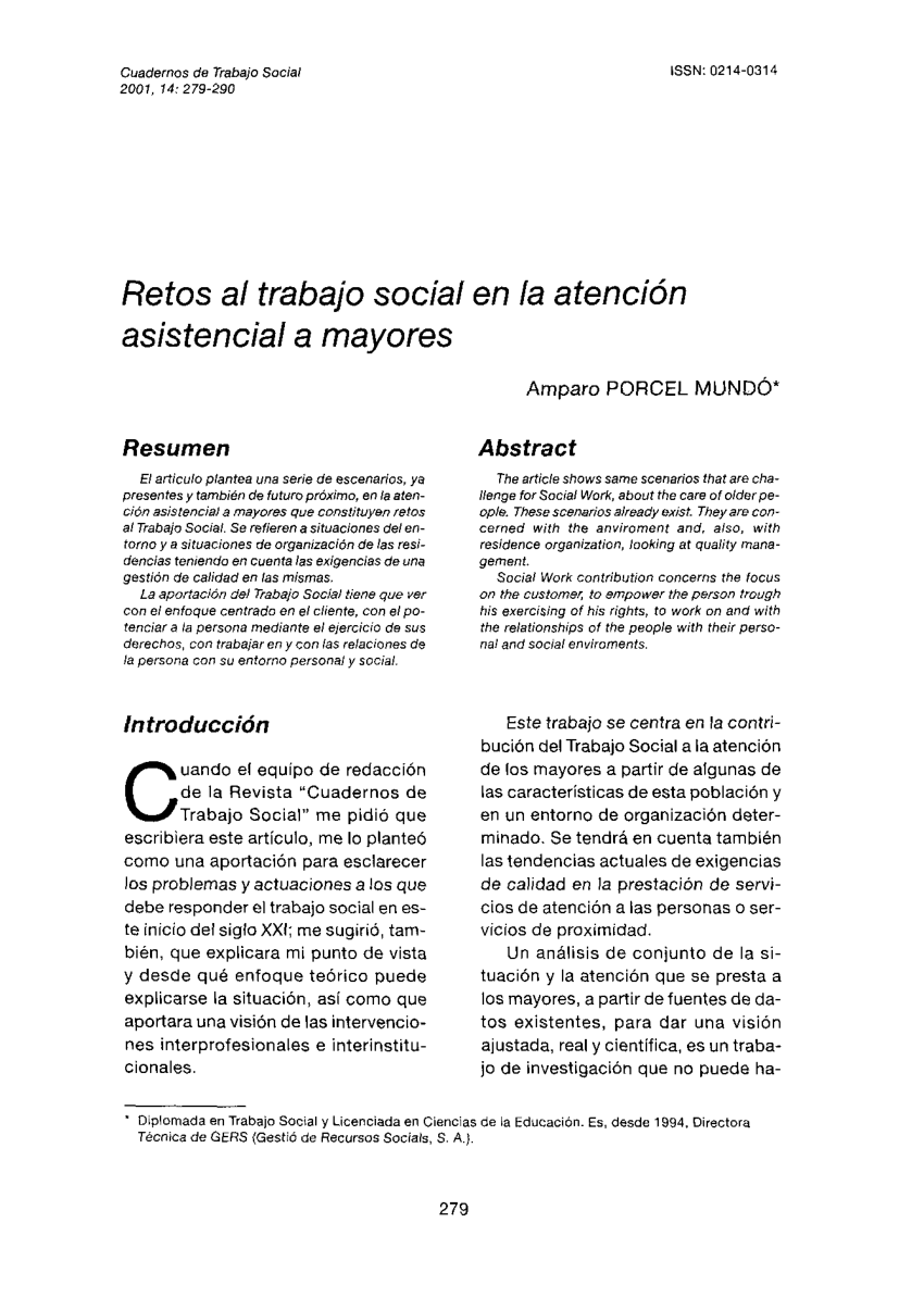 (PDF) Retos al Trabajo Social en la atención asistencial a mayores
