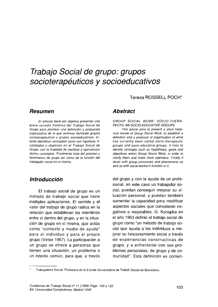 PDF) Trabajo Social de grupo: grupos socioterapéuticos y socioeducativos.