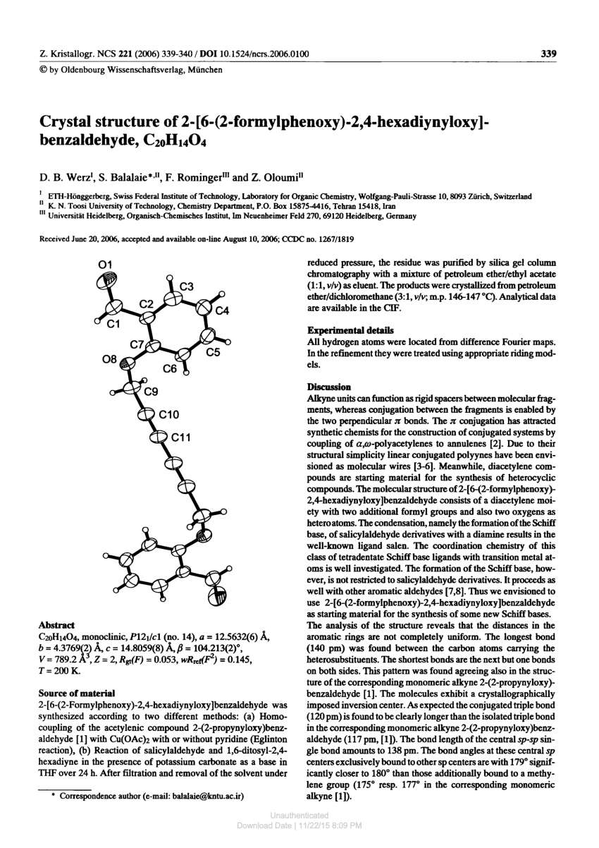 Pdf Crystal Structure Of 2 6 2 Formylphenoxy 2 4 Hexadiynyloxy Benzaldehyde Ch14o4