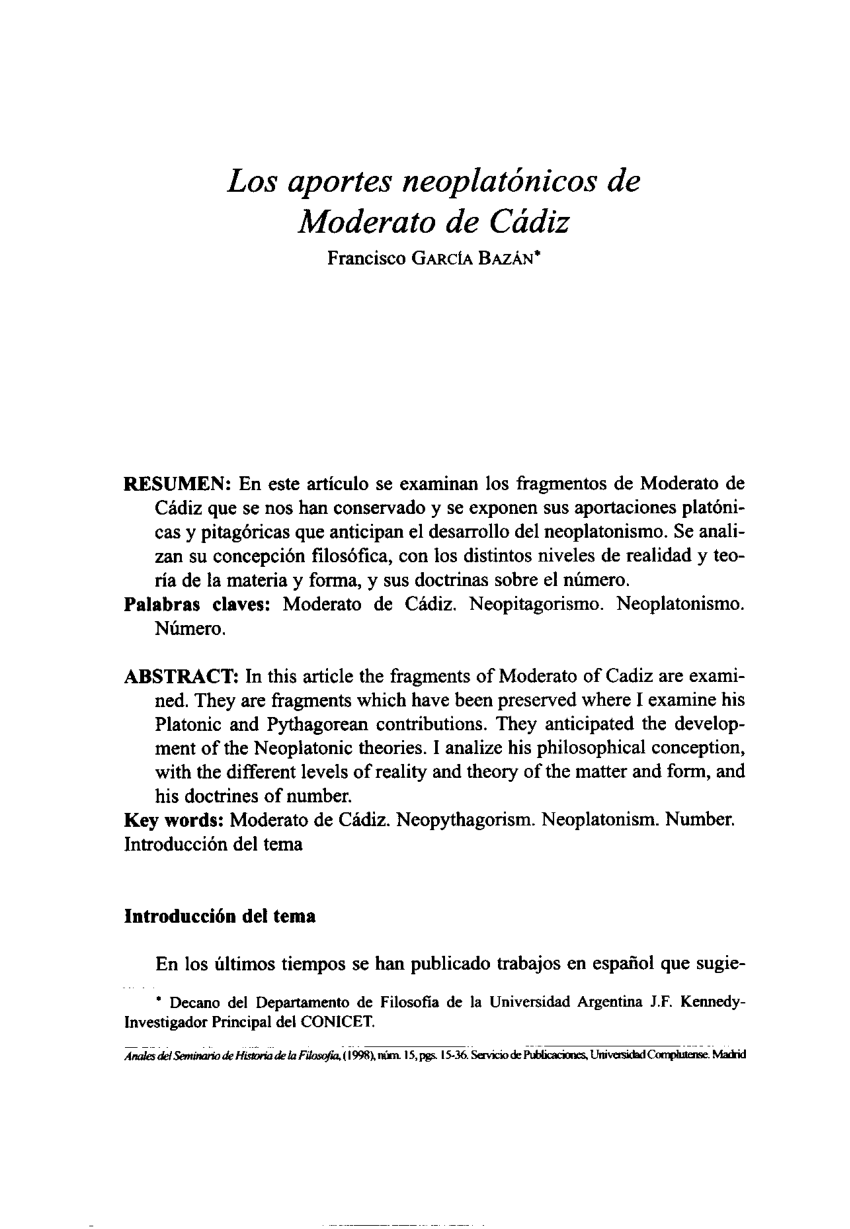 Pdf Los Aportes Neoplatonicos De Moderato De Cadiz