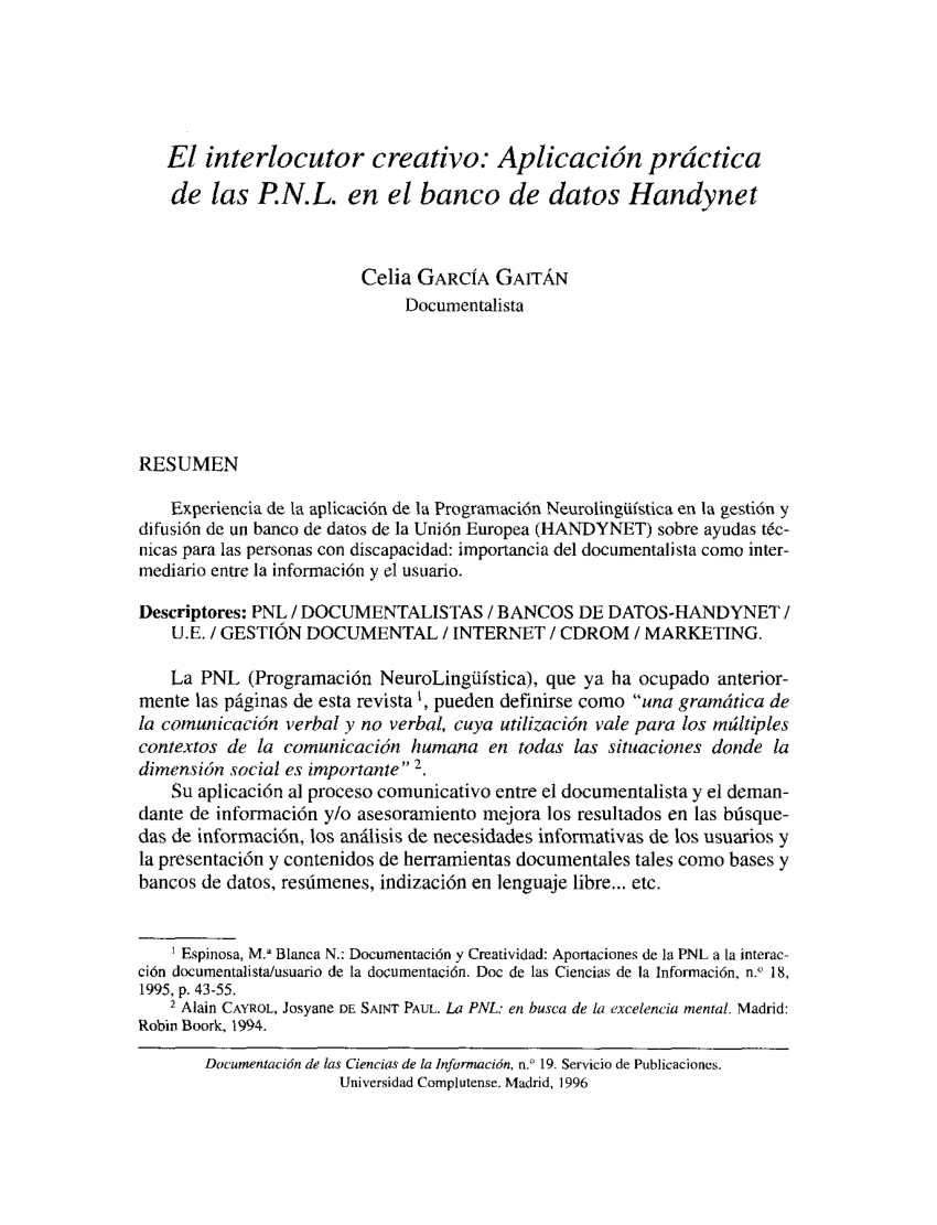 Pdf El Interlocutor Creativo Aplicación Práctica De Las Pnl En El Banco De Datos Handynet 4376