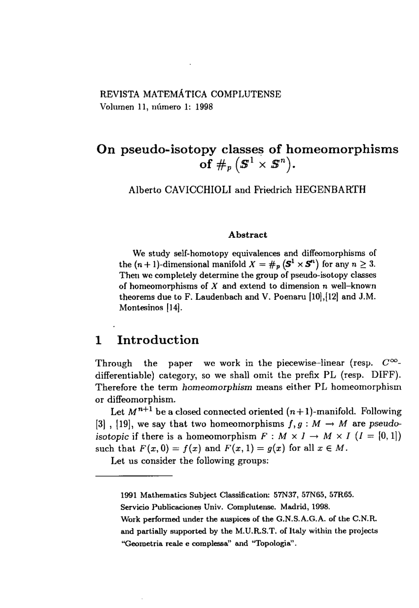 Pdf On Pseudo Isotopy Classes Of Bomeomorphisms Of