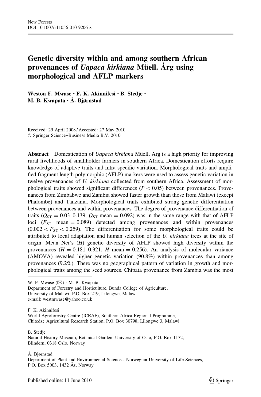 Pdf Mwase W F Akinnifesi F K Stedje B Kwapata M B Bjonstad A 10 Genetic Diversity Within And Among Southern African Provenances Of Uapaca Kirkiana Muell Arg Using 29 Morphological And Aflp Markers New Forests 40 3 399