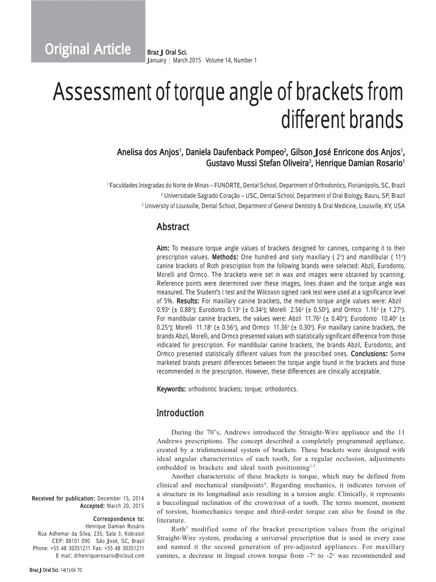 Pdf Assessment Of Torque Angle Of Brackets From Different Brands