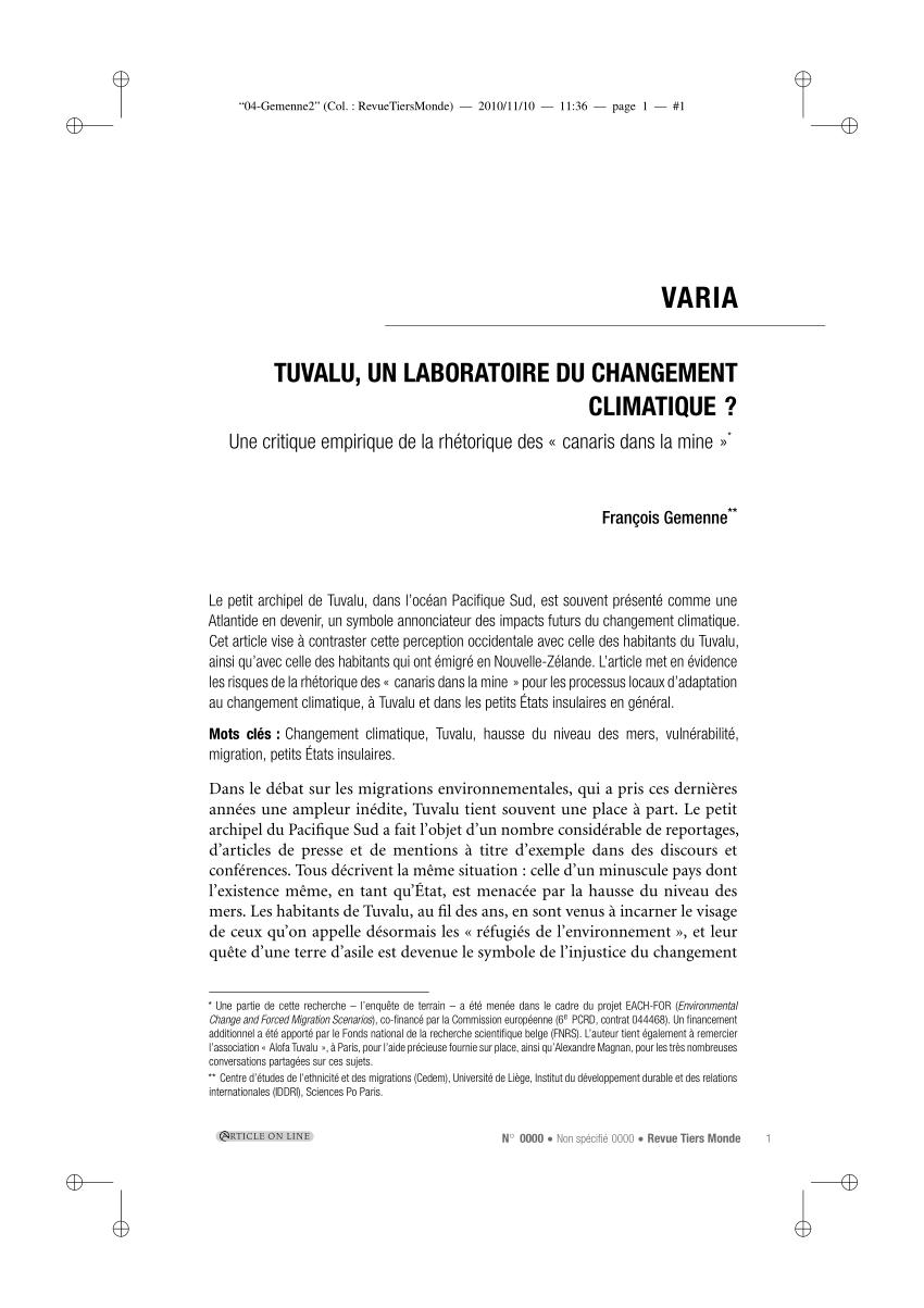 Changement climatique et politique migratoire : l'accord Australie-Tuvalu,  un modèle pour la France et ses territoires du Pacifique ?