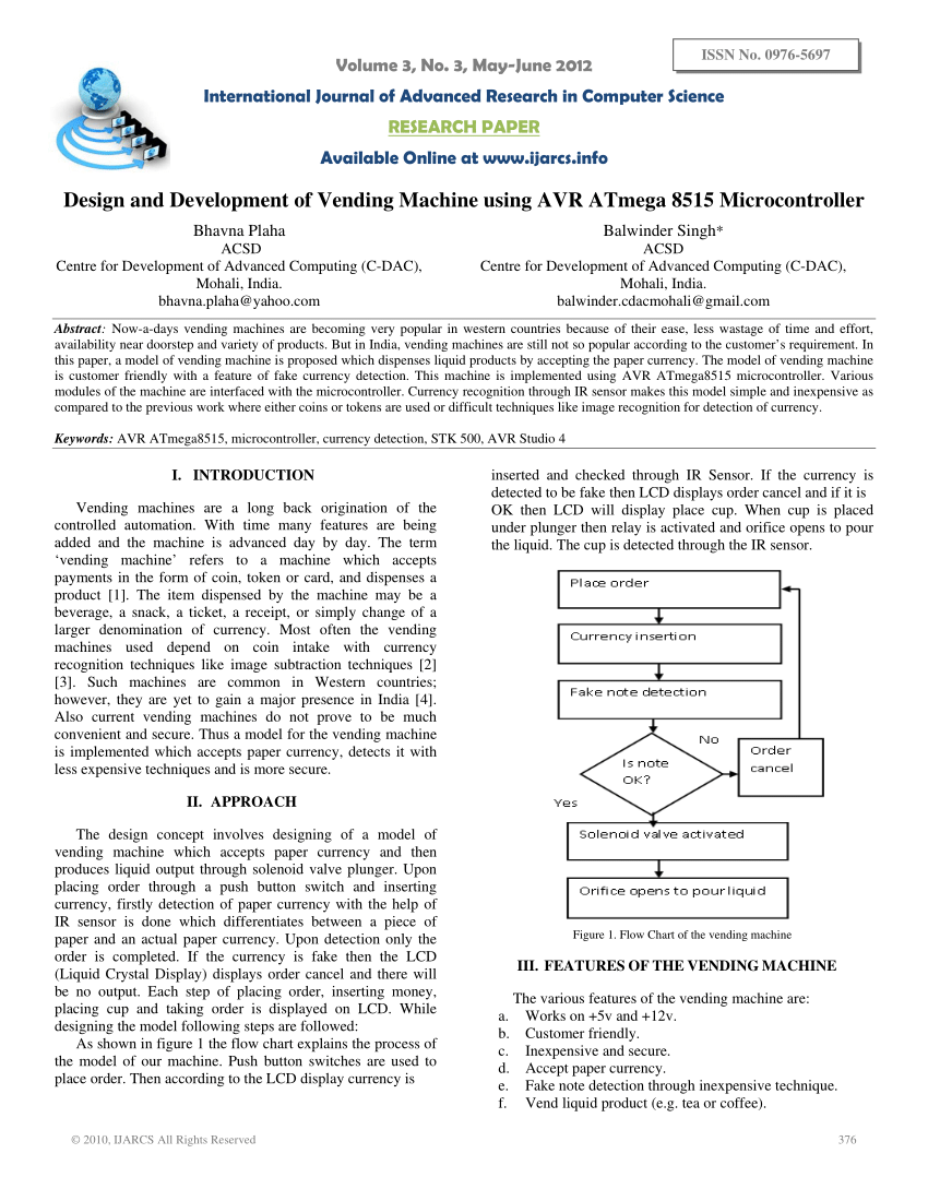 PDF) Design and Development of Vending Machine using AVR ATmega 8515  Microcontroller.