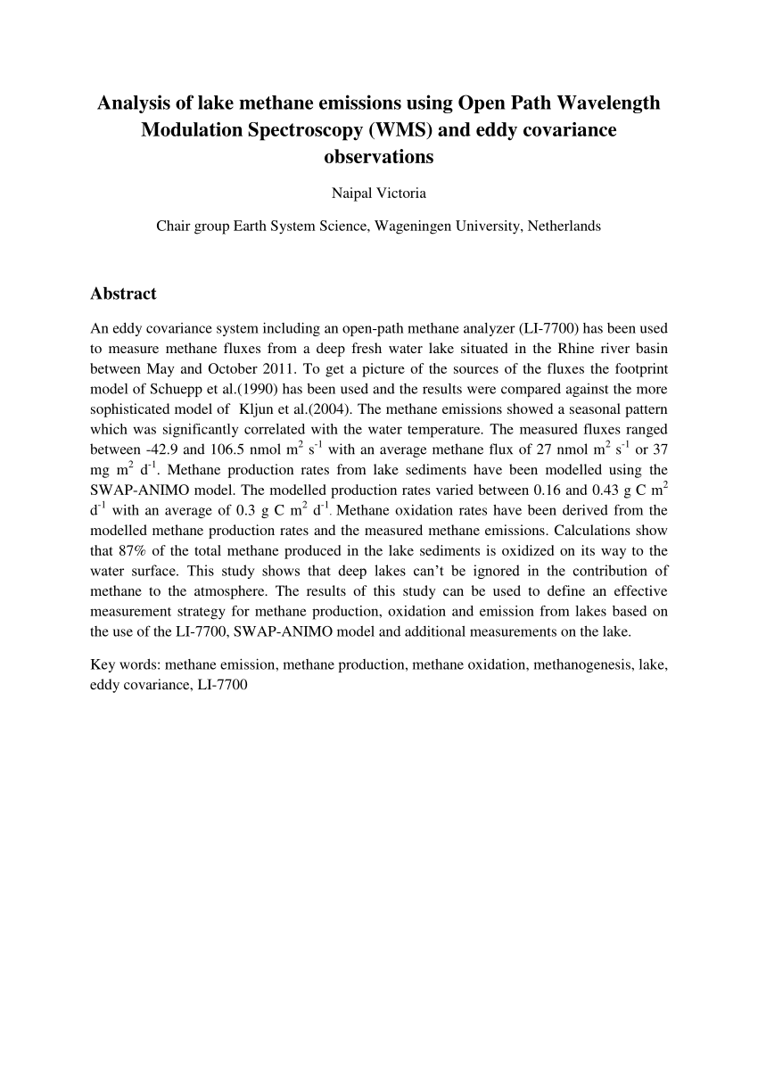 Pdf Analysis Of Lake Methane Emissions Using Open Path