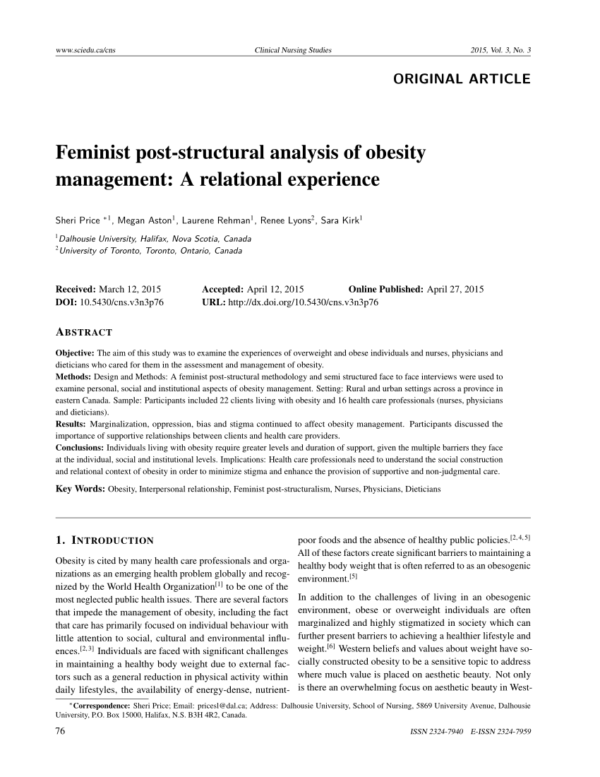 Pdf Feminist Post Structural Analysis Of Obesity Management A