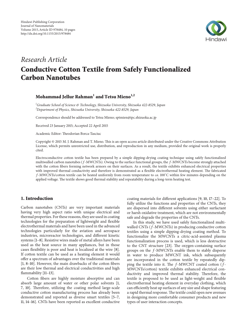 Pdf Conductive Cotton Textile From Safely Functionalized Carbon Nanotubes