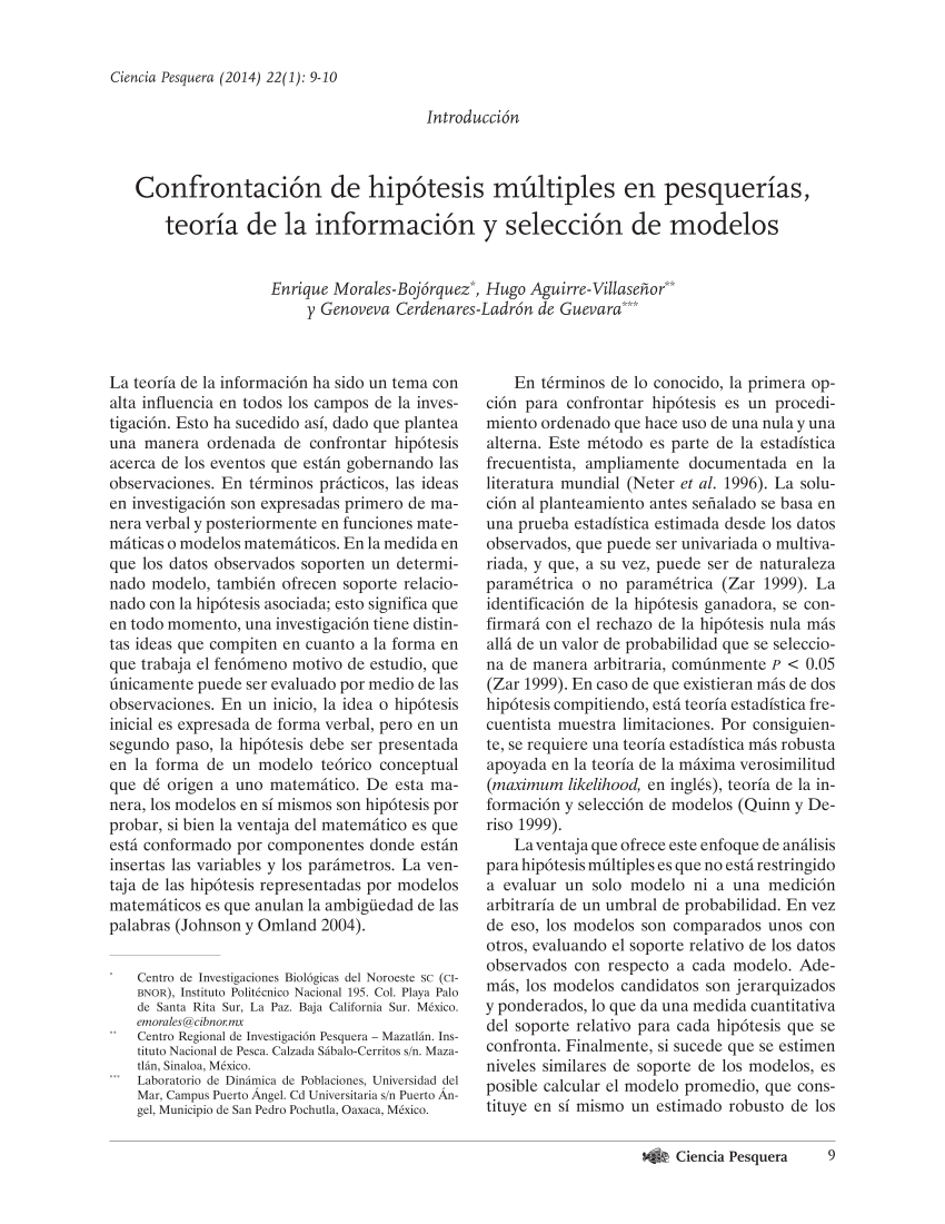PDF) Confrontación de hipótesis múltiples en pesquerías, teoría de la  información y selección de modelos