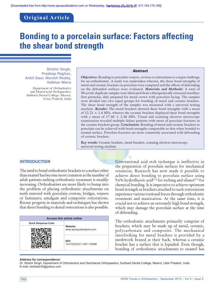 (PDF) Bonding to a porcelain surface Factors affecting the shear bond