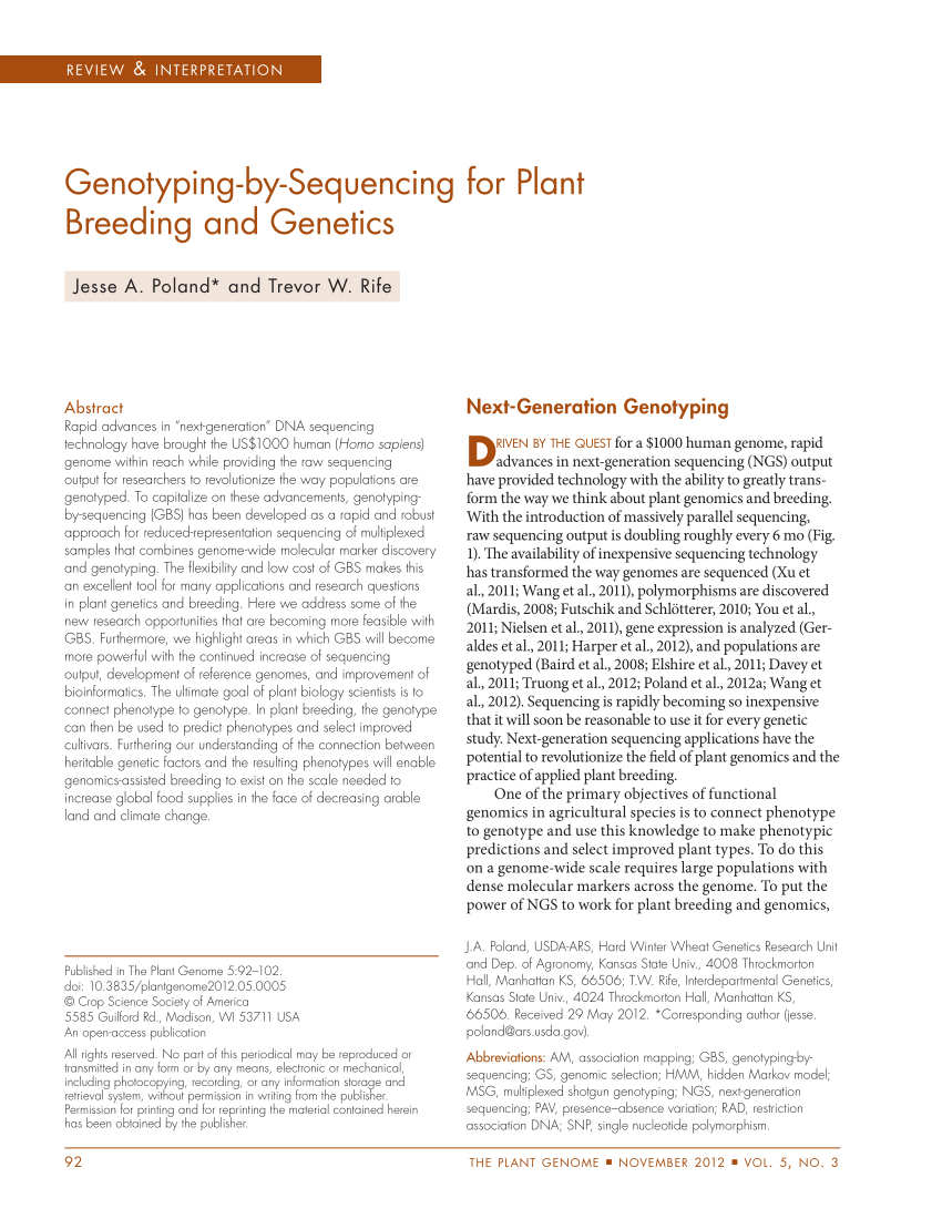 Pdf Genotyping By Sequencing For Plant Breeding And Genetics