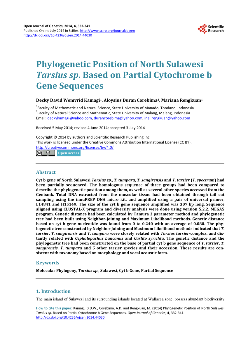 Pdf Phylogenetic Position Of North Sulawesi Tarsius Sp Based On Partial Cytochrome B Gene Sequences