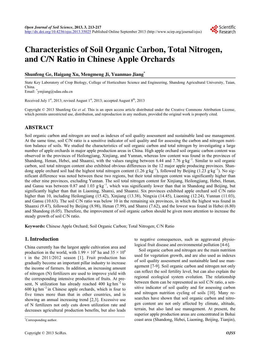 Pdf Characteristics Of Soil Organic Carbon Total Nitrogen And C N Ratio In Chinese Apple Orchards