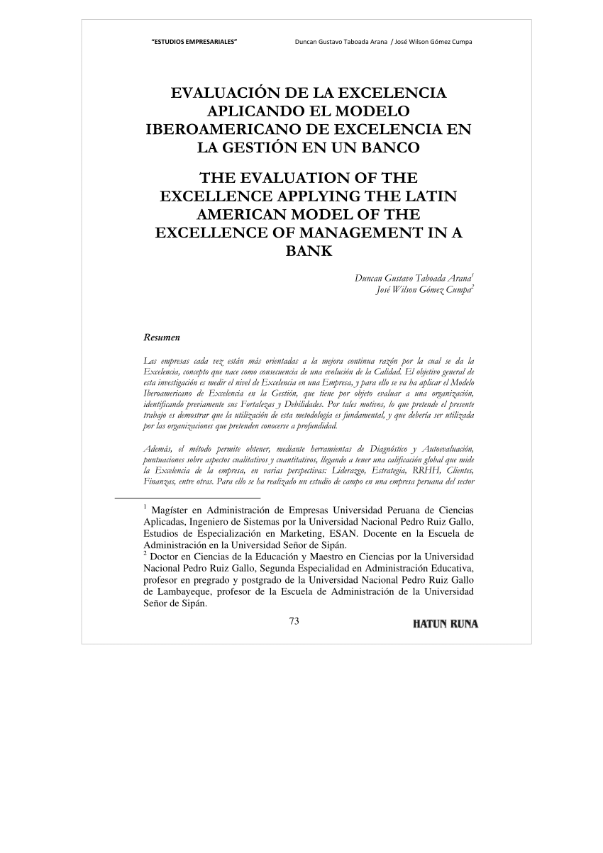PDF) EVALUACIÓN DE LA EXCELENCIA APLICANDO EL MODELO IBEROAMERICANO DE  EXCELENCIA EN LA GESTIÓN EN UN BANCO