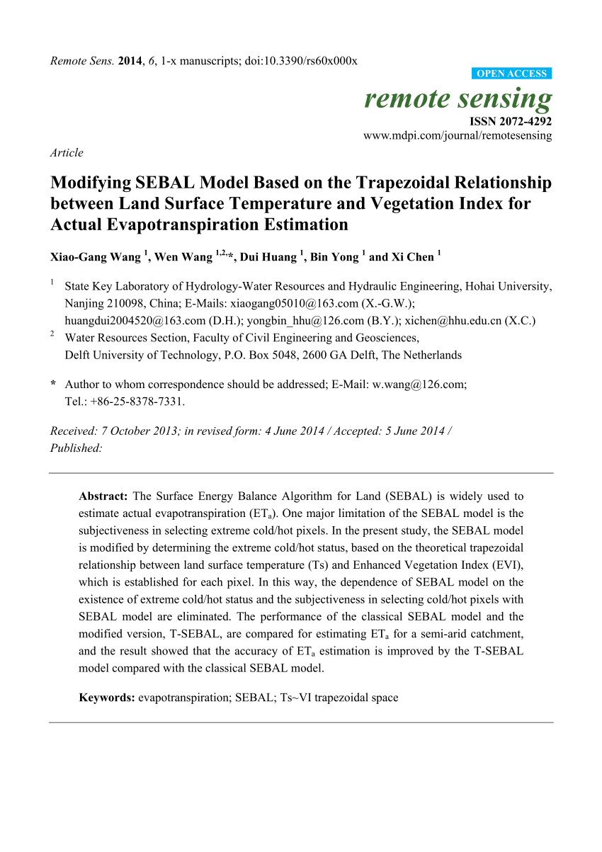 Pdf Modifying Sebal Model Based On The Trapezoidal Relationship Between Land Surface Temperature And Vegetation Index For Actual Evapotranspiration Estimation