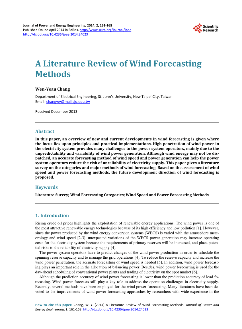a literature review of wind forecasting methods