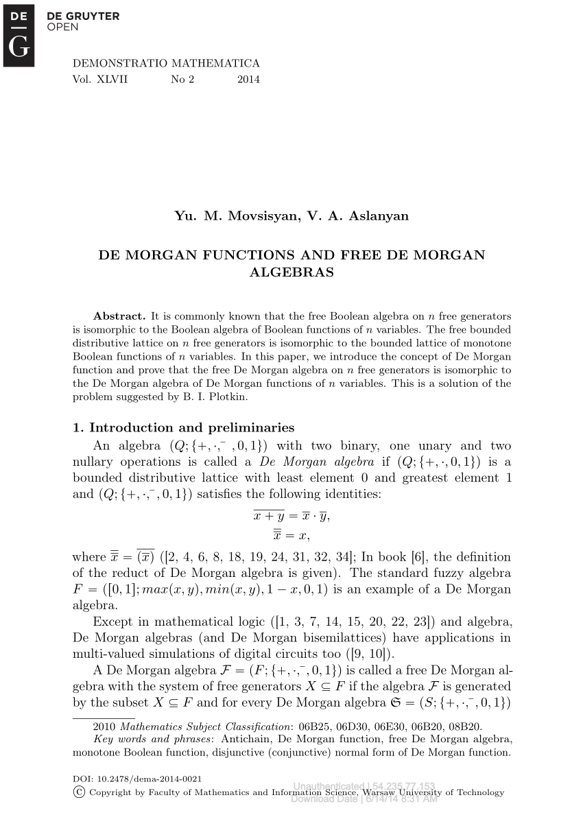 Pdf De Morgan Functions And Free De Morgan Algebras