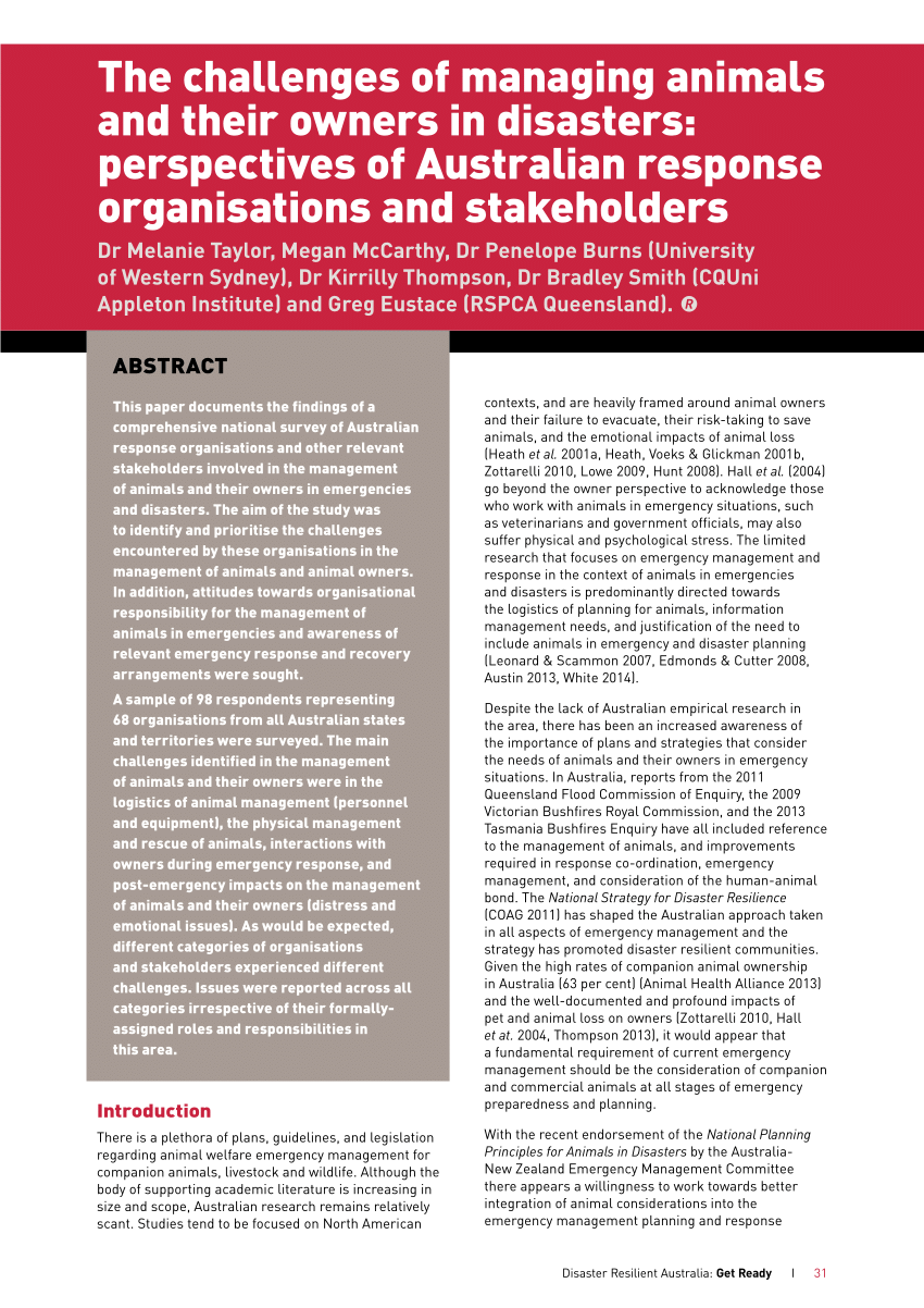 PDF) challenges of animals and owners in disasters: Perspectives of Australian response and stakeholders