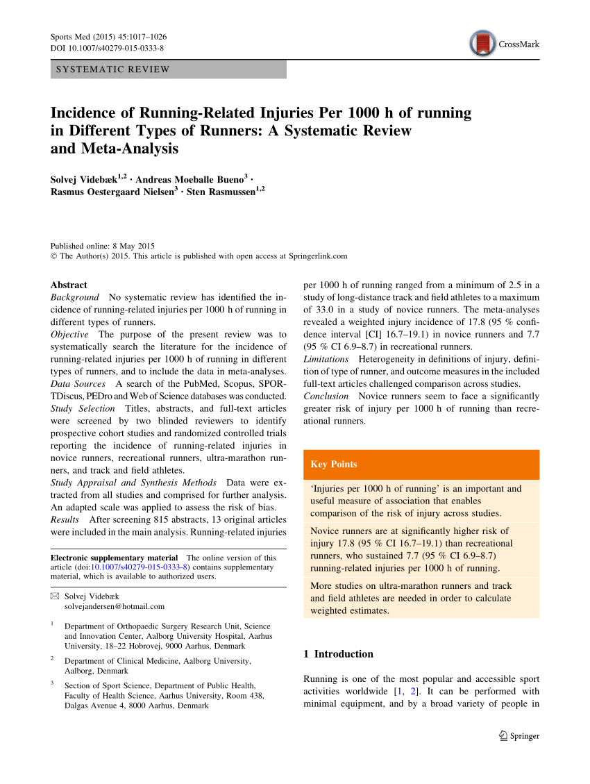 Pdf Incidence Of Running Related Injuries Per 1000 H Of Running In Different Types Of Runners A Systematic Review And Meta Analysis