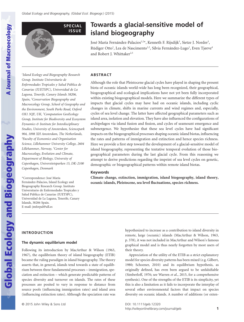 Pdf Towards A Glacial Sensitive Model Of Island Biogeography