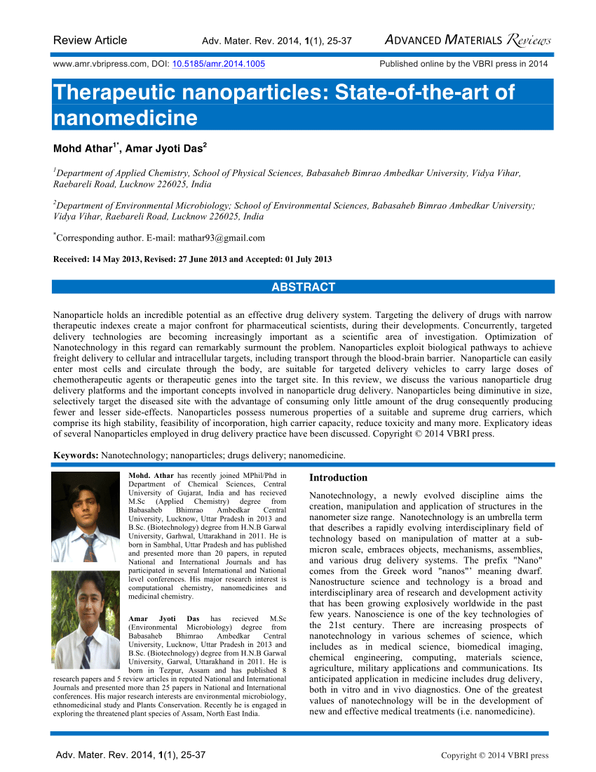 Pdf Therapeutic Nanoparticles State Of The Art Of Nanomedicine