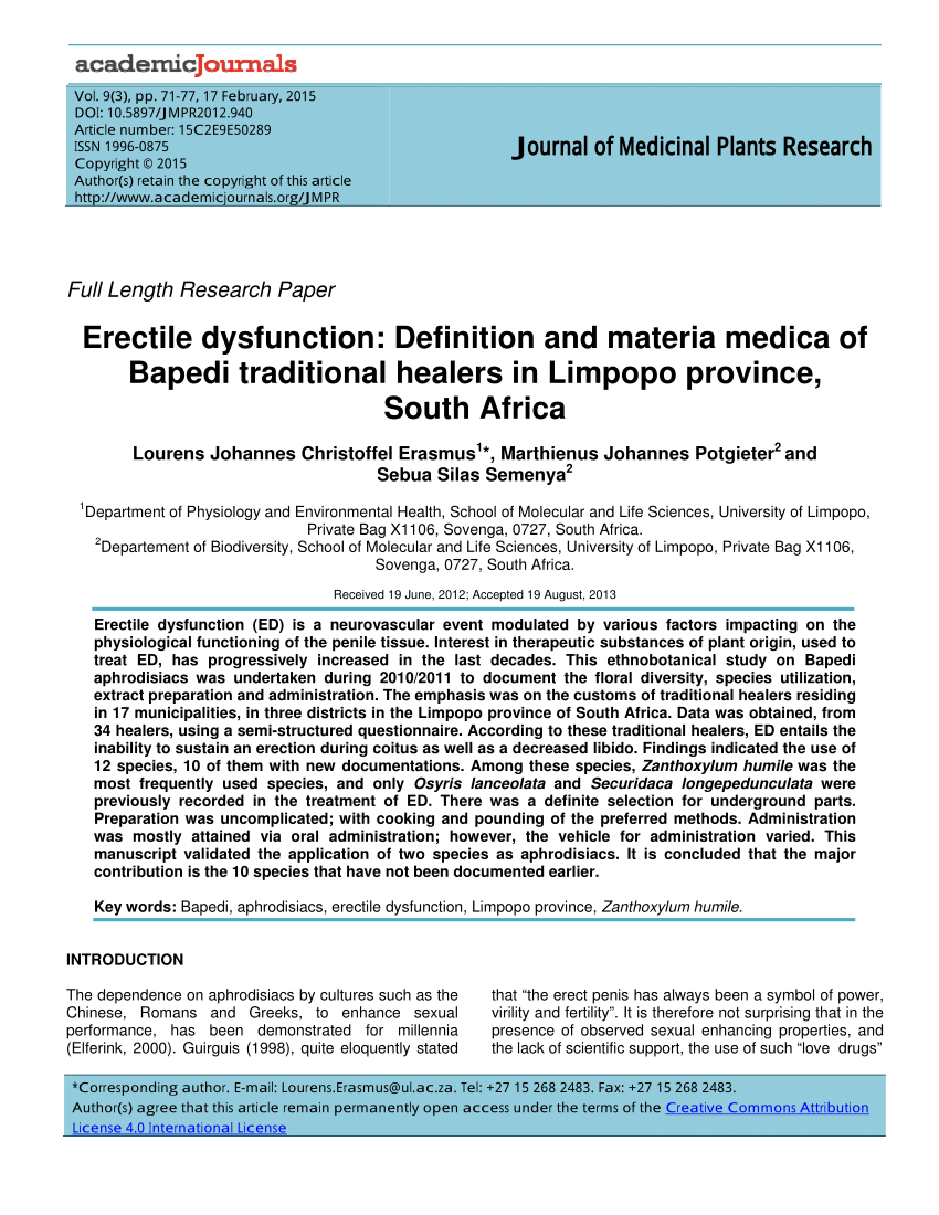 PDF Erectile dysfunction Definition and materia medica of Bapedi