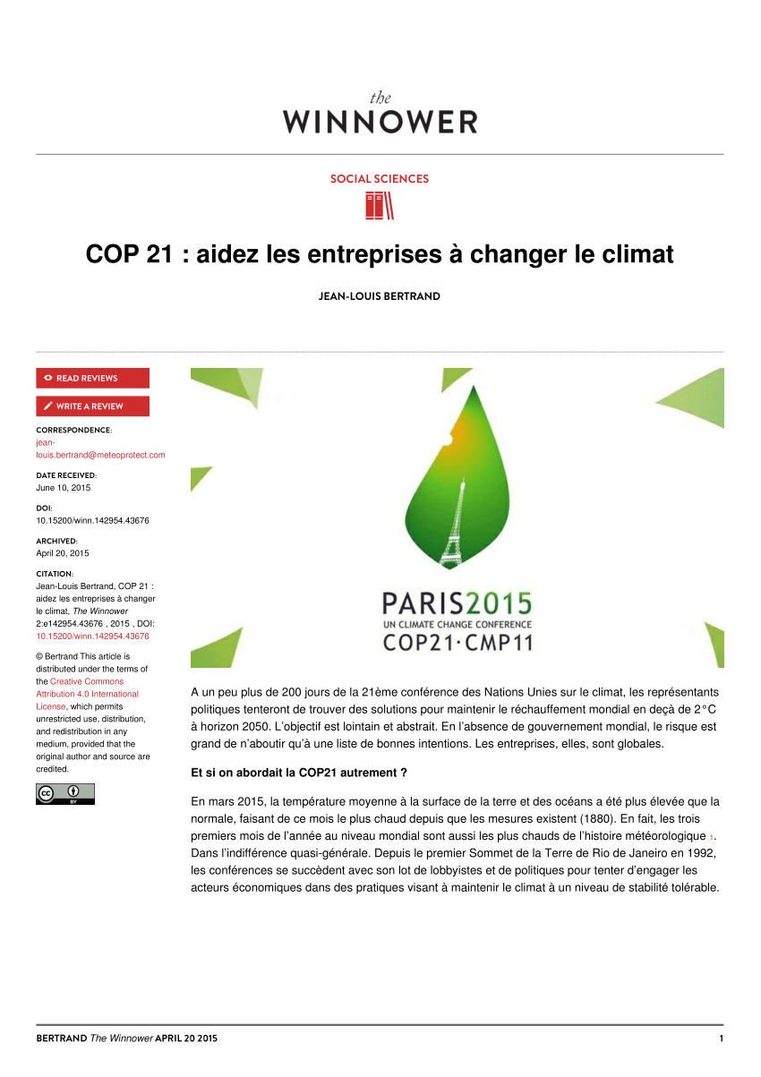 Pdf Cop 21 Aidez Les Entreprises A Changer Le Climat