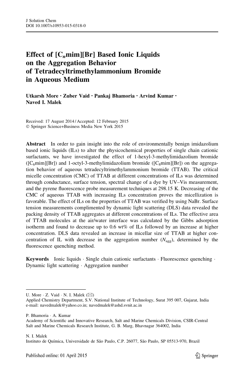 Pdf Effect Of C N Mim Br Based Ionic Liquids On The Aggregation Behavior Of Tetradecyltrimethylammonium Bromide In Aqueous Medium