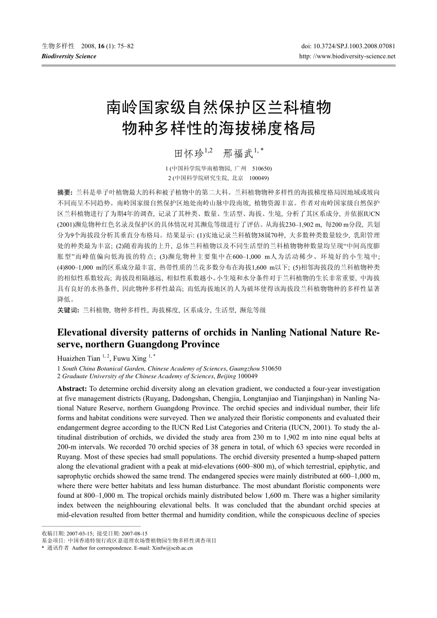 PDF) Elevational diversity patterns of orchids in Nanling National