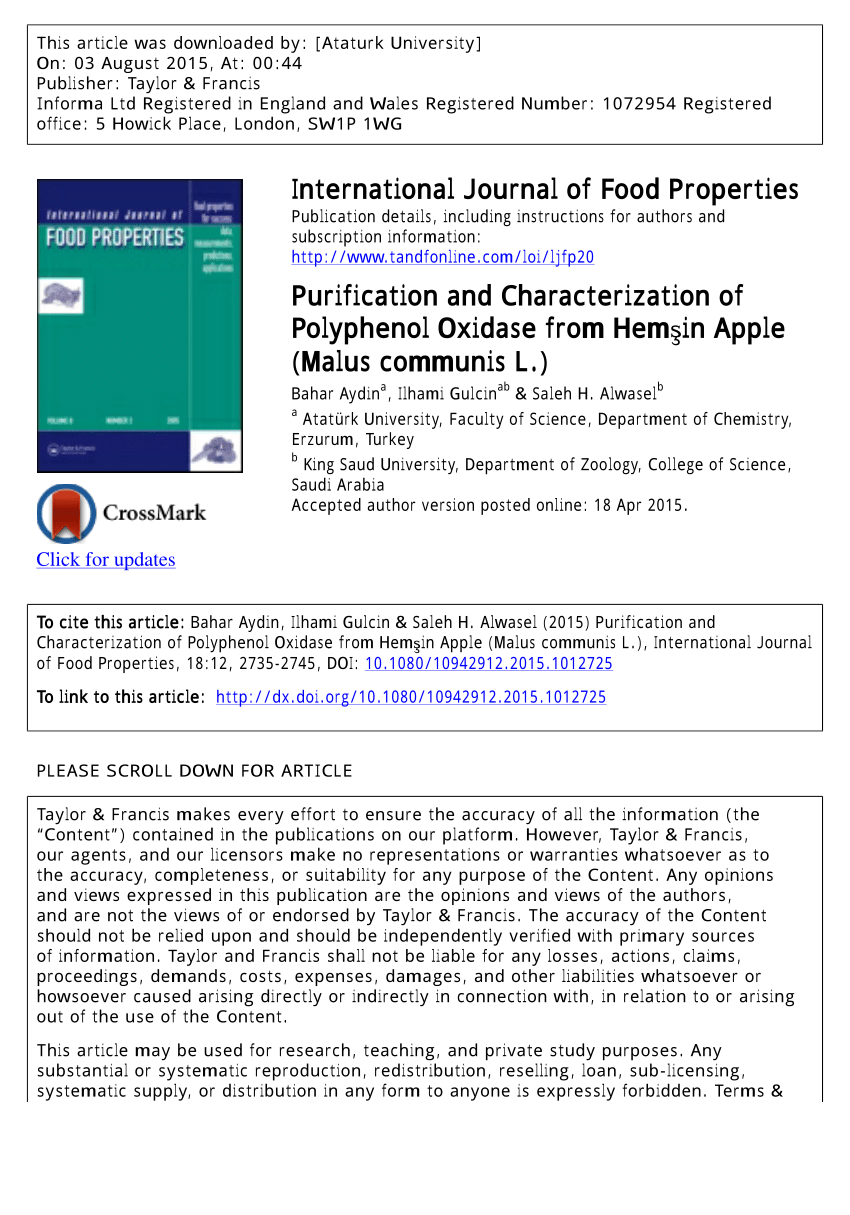 Pdf Purification And Characterization Of Polyphenol Oxidase From Hemsin Apple Malus Communis L