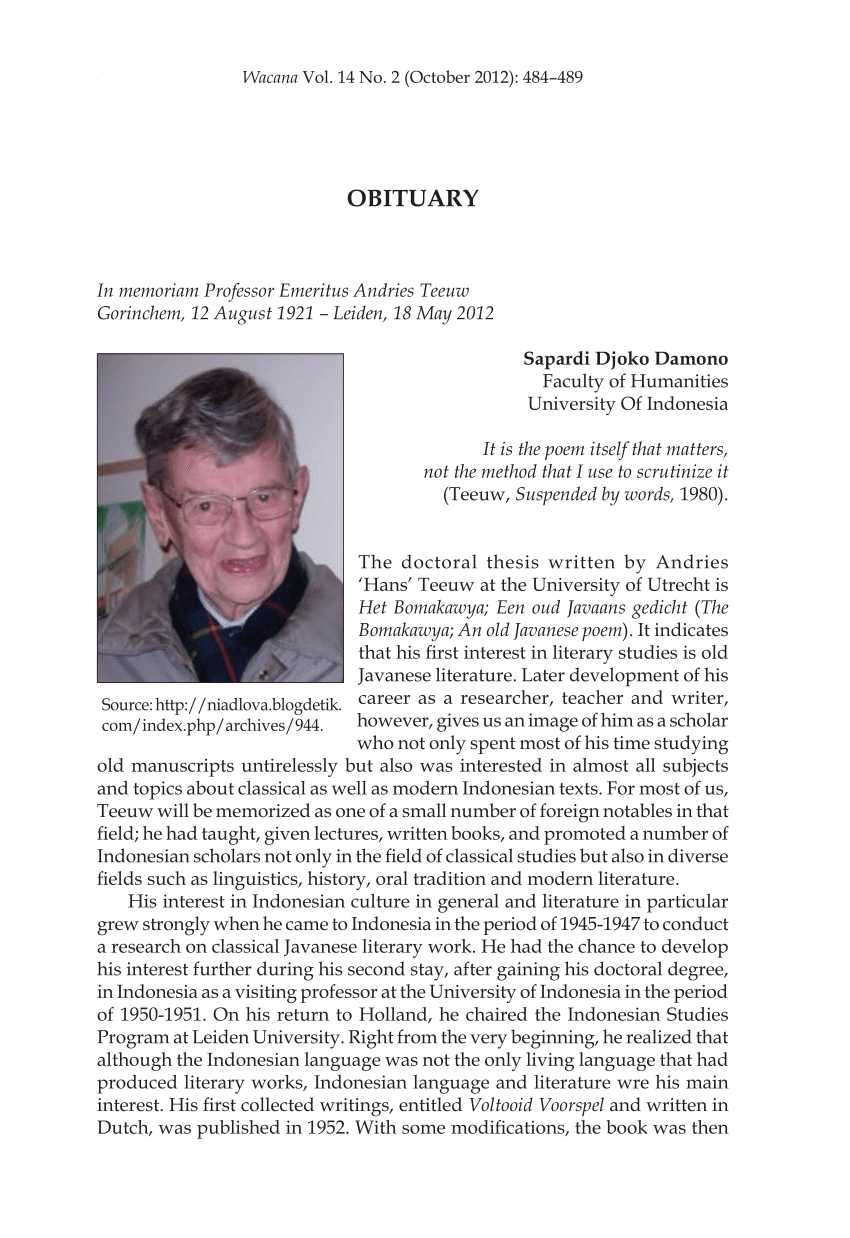 (PDF) In memoriam Professor Emeritus Andries Teeuw Gorinchem, 12 August ...