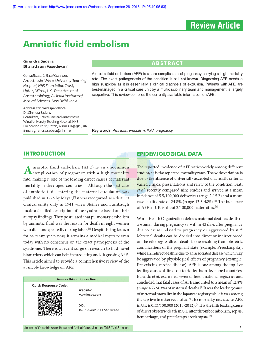 amniotic fluid embolism occurrence