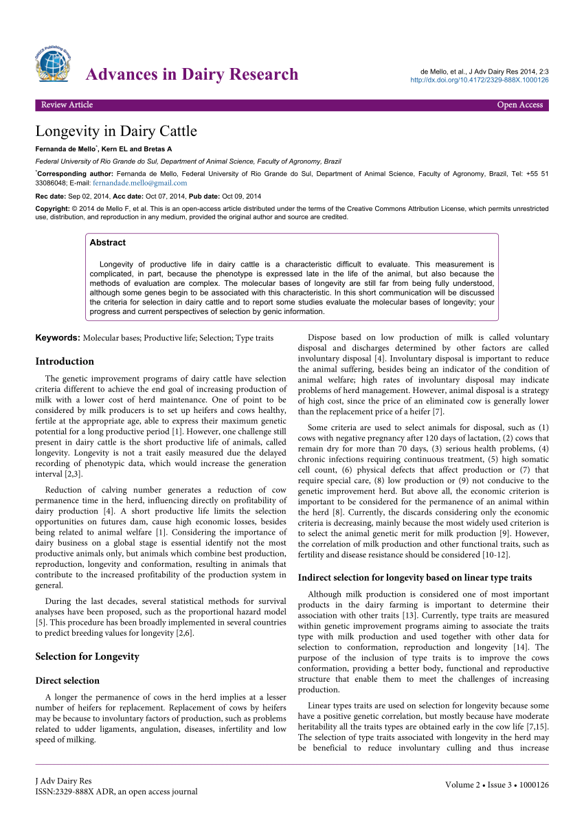 Pdf Longevity In Dairy Cattle