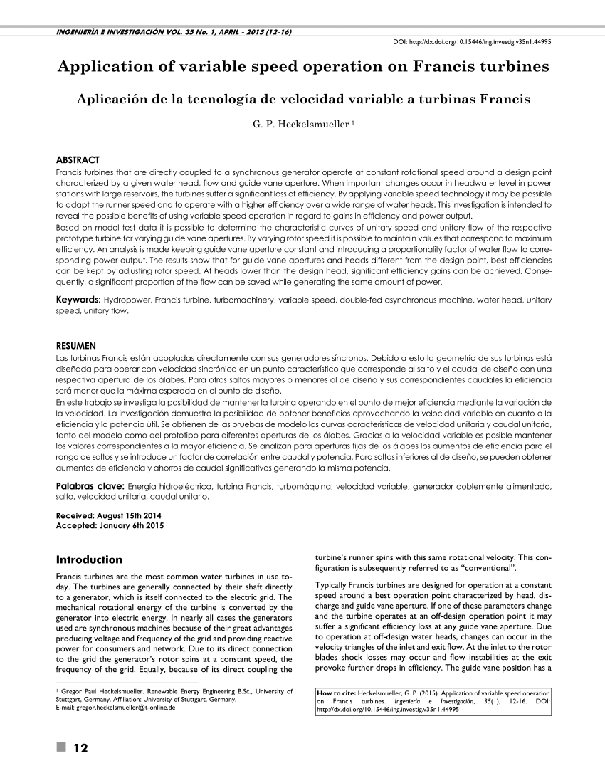 Pdf Application Of Variable Speed Operation On Francis Turbines