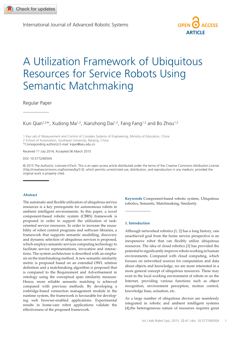 Pdf A Utilization Framework Of Ubiquitous Resources For Service Robots Using Semantic Matchmaking