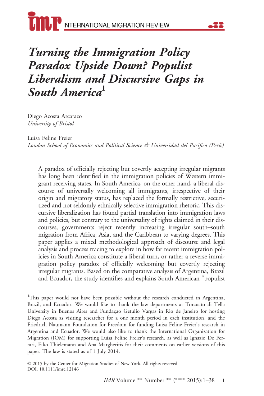 Pdf Turning The Immigration Policy Paradox Upside Down Populist Liberalism And Discursive Gaps In South America