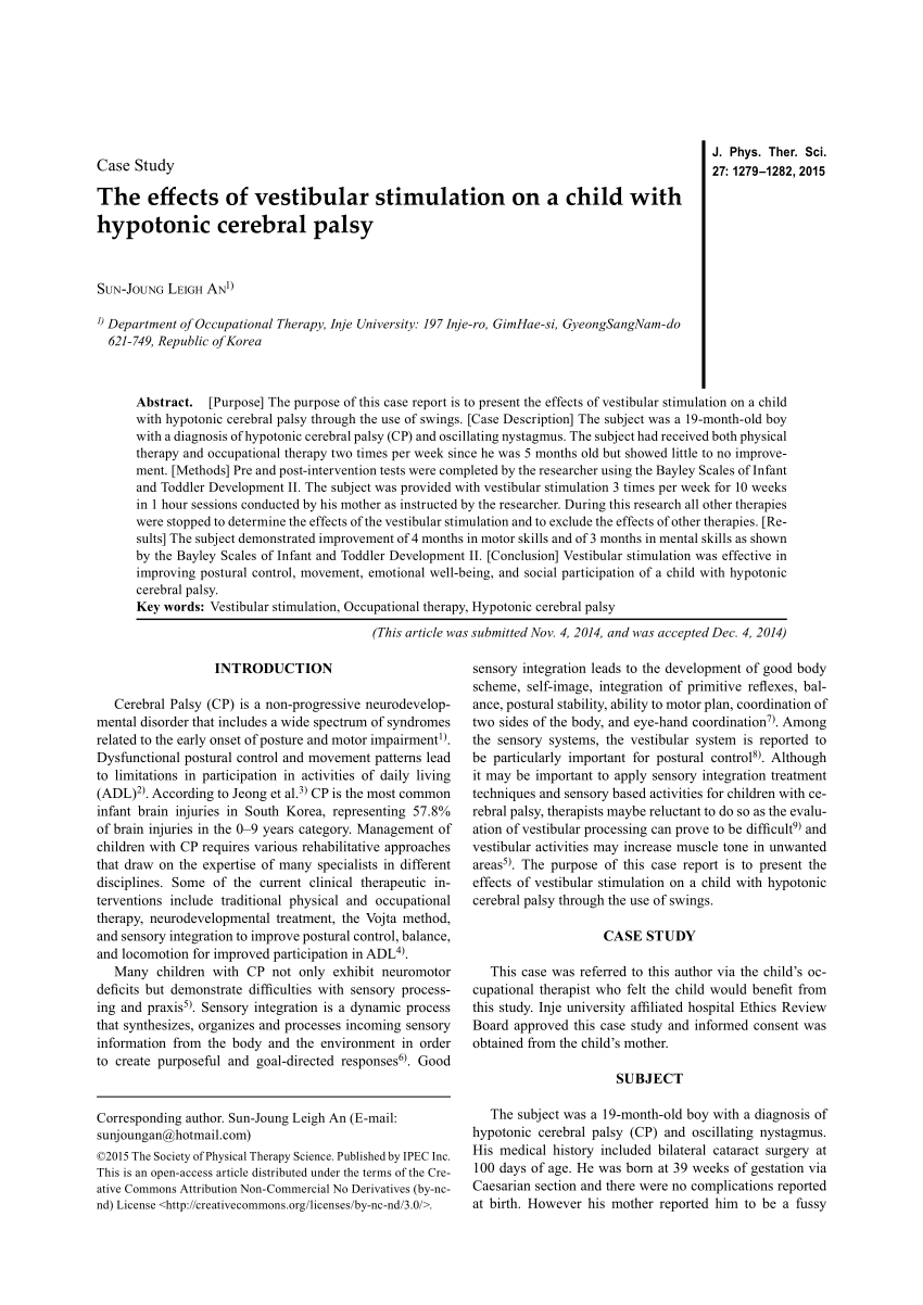 Pdf The Effects Of Vestibular Stimulation On A Child With Hypotonic Cerebral Palsy