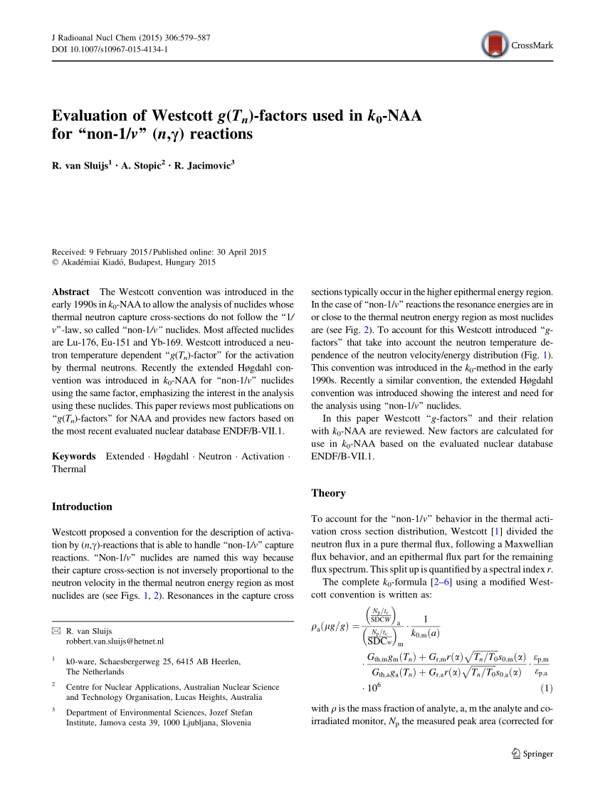Pdf Evaluation Of Westcott G T N Factors Used In K 0 Naa For Non 1 V N G Reactions