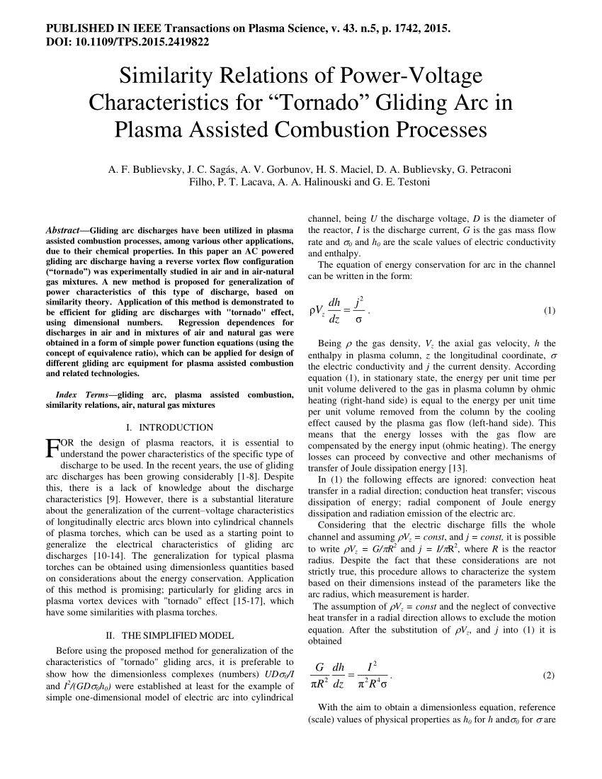 Pdf Similarity Relations Of Power Voltage Characteristics For Tornado Gliding Arc In Plasma Assisted Combustion Processes