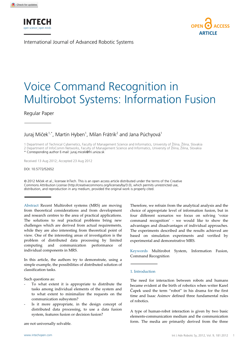 Pdf Voice Command Recognition In Multirobot Systems Information