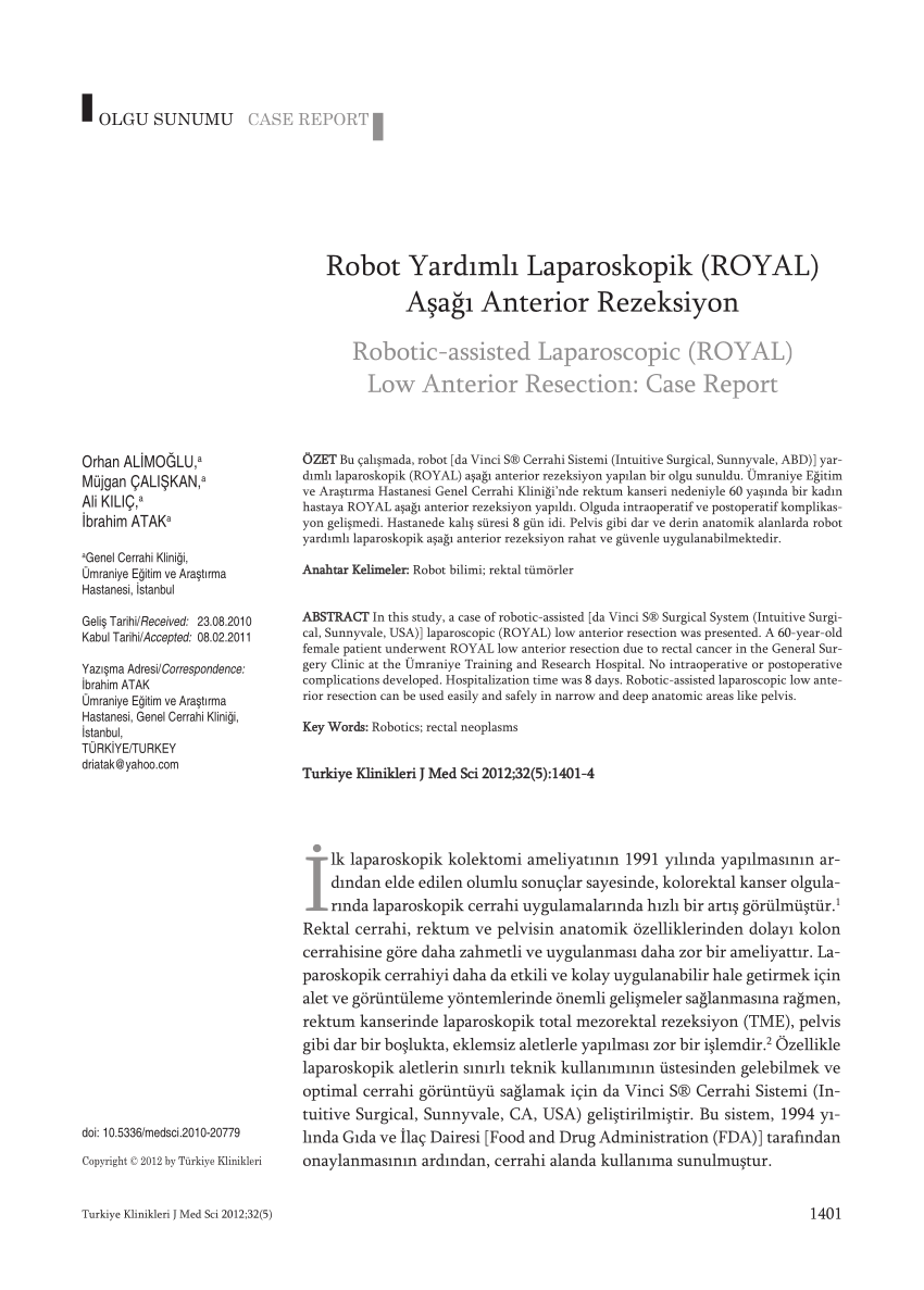 Pdf Robotic Assisted Laparoscopic Royal Low Anterior Resection Case Report 8775