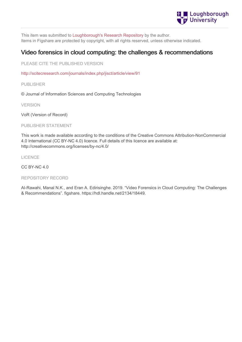 PDF) Video Forensics in Cloud Computing: The Challenges