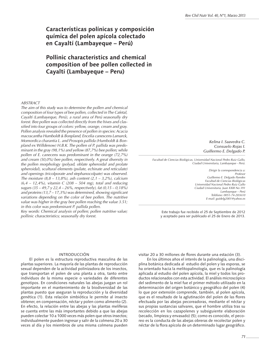 Pdf Características Polínicas Y Composición Química Del Polen Apícola Colectado En Cayaltí 8864