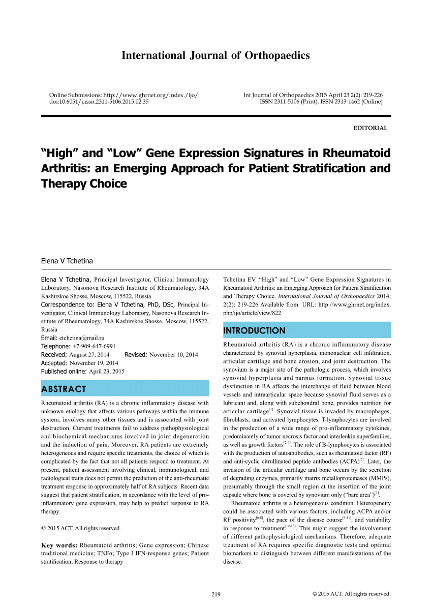 Pdf “high” And “low” Gene Expression Signatures In Rheumatoid Arthritis An Emerging Approach 