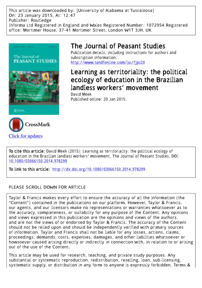 Full article: Learning as territoriality: the political ecology of  education in the Brazilian landless workers' movement