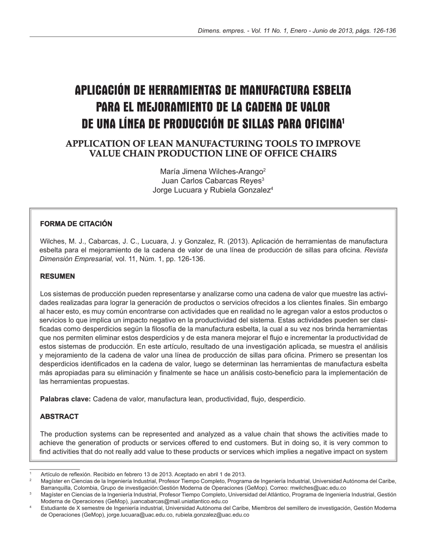 Pdf Aplicacion De Herramientas De Manufactura Esbelta Para El Mejoramiento De La Cadena De Valor De Una Linea De Produccion De Sillas Para Oficina