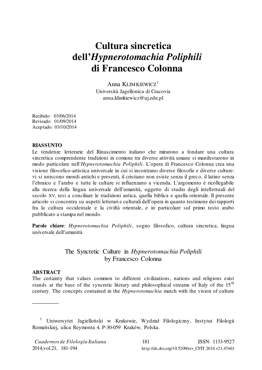 Pdf Cultura Sincretica Nell Hypnerotomachia Polyphili Di Francesco Colonna